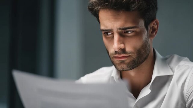 Focused Man Examining Document: A handsome man intensely examines a document in low lighting. The shot evokes concentration, contemplation, and the pressure of important decisions.