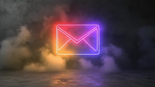 Neon Mailbox: A vibrant neon mailbox icon emits a colorful glow amidst a smoky atmosphere, symbolizing digital communication in a modern, ethereal setting.