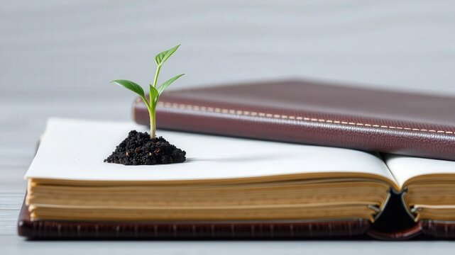 A small green sprout is growing out of a pile of soil placed on the open pages of a notebook with a brown cover in the background