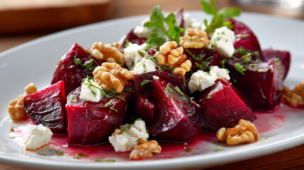 A delicious beet salad with feta cheese and walnuts on a white plate