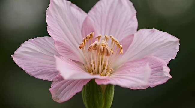 Delicate pink Clarkia flower with prominent stamens set against a dark background