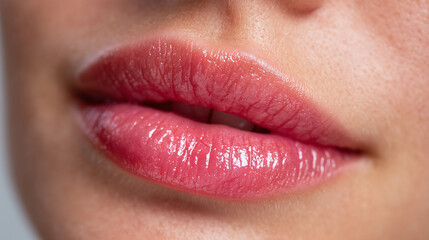 Fototapeta premium Close-up macro shot of slightly parted lips with natural texture, fine lines and soft highlights visible, subtle moisture reflecting studio light, realistic skin tones, shallow dep