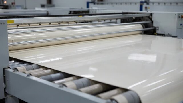 Medium shot of a doublecoated board smoothly moving through sequential coaters showcasing the wetonwet technique with glossy layers blending seamlessly for a polished finish.