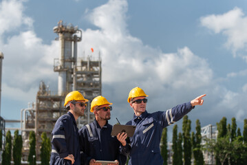 Fototapeta premium Refinery industry, engineer working in industrial production, oil and gas refinery plant industry factory