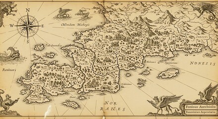 Fototapeta premium Vintage hand-drawn fantasy map of fictional lands with sea monsters, compass rose, and detailed coastline depicting mountains, forests, villages, and a grand castle ruins