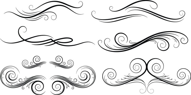 Ornamental flourishes, decorative embellishment set, elegant swirl designs, vintage scroll icons, classical ornament theme - flat vector illustration