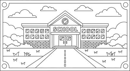Fototapeta premium Illustration of colorful illustration of a school building with a clock and brick walls and a pathway leading to the entrance