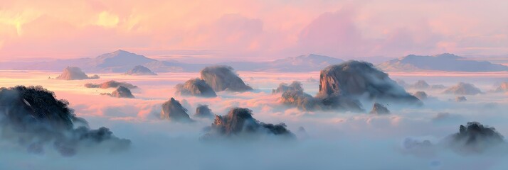 Fototapeta premium floating pastel islands connected by soft fog bridges, gentle light, dreamlike panorama