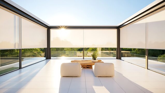 Modern residential house exterior with large glass windows and closed roller blinds, showcasing stylish facade, patio furniture, privacy, sun protection, and contemporary architectural design.