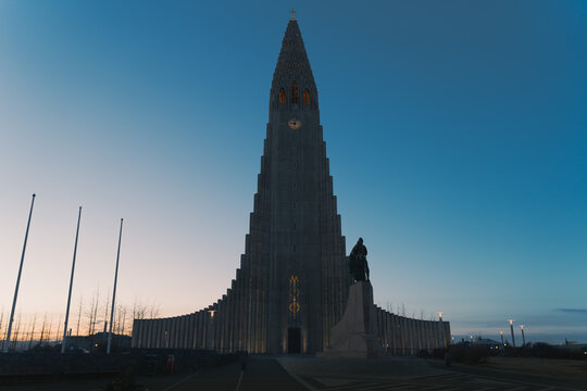 REYKJAVIK, ICELAND - FEBRUARY 15, 2026: Hallgrimskirkja church at the end of blue hour with sunrise light.