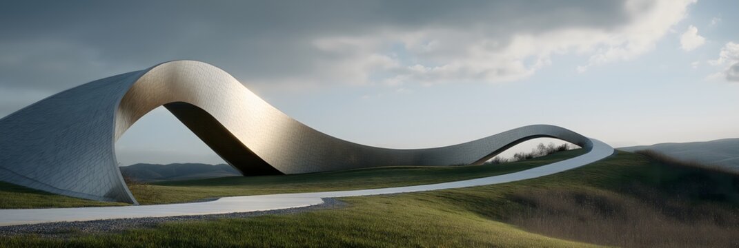 smooth curved titanium structure crossing open landscape premium engineering aesthetic