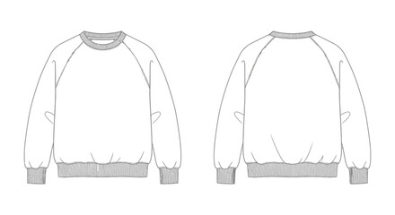 a technical fashion illustration of a casual crew neck raglan sleeve sweatshirt front and back views ideal for apparel design and tech pack templates.