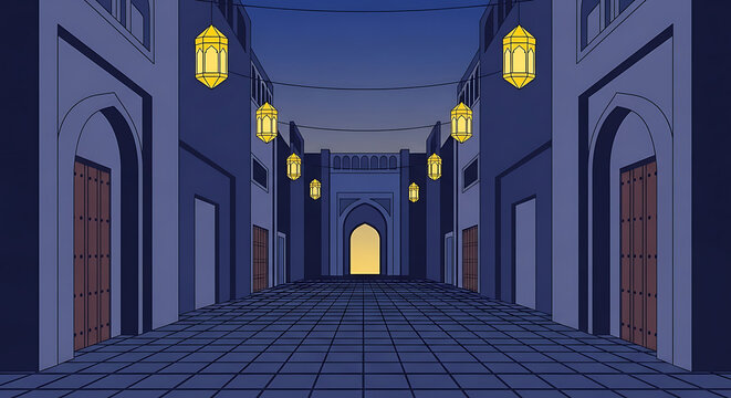 ramadan lanterns illuminate a peaceful arabian market alleyway at night leading to a bright archway perfect for cultural and travel themes.