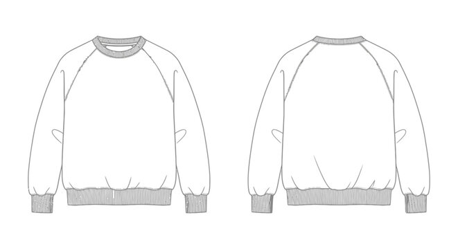 a technical fashion illustration of a casual crew neck raglan sleeve sweatshirt front and back views ideal for apparel design and tech pack templates.