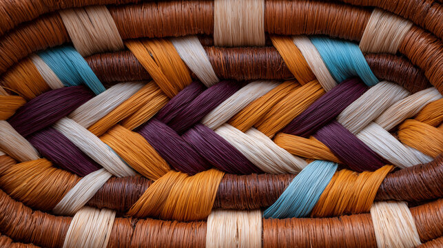 Ultra-sharp macro of hand-woven basket, tight natural fibers crossing in geometric patterns, tiny imperfections and color variations visible, soft light accentuating tactile depth