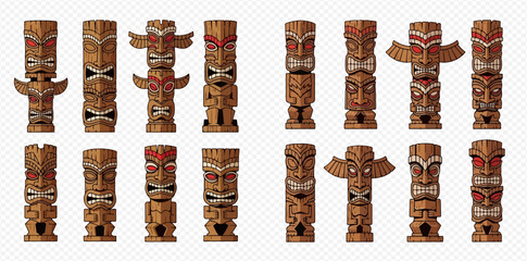 Collection of traditional wooden tiki totems and masks in various styles and designs, isolated on white background. © ArtLuna Studio