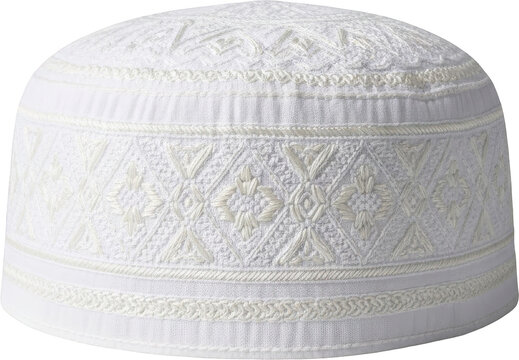 Embroidered White Kufi Prayer Cap Close Up