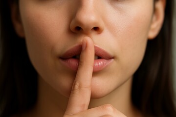 Naklejka premium Close-up of woman making silent gesture with finger on lips, concept of secrecy, confidentiality, and quiet communication, soft natural lighting. Ai generative