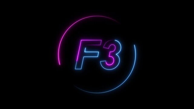 Glowing Neon Blue and Pink Circle With F3 Text On animated Black Background light
