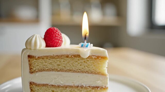 Vanilla cake slice with raspberry and burning candle on white plate