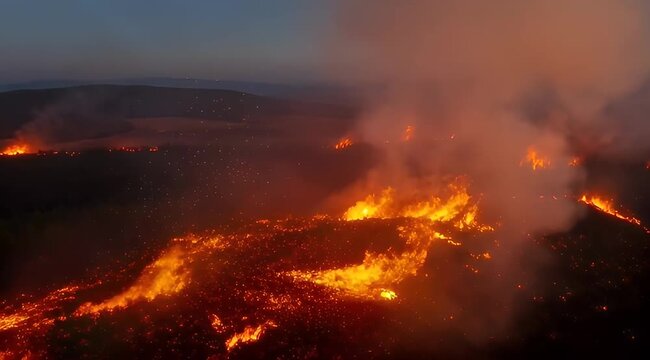 Devastating wildfire burns across a field at night, consuming everything in its path