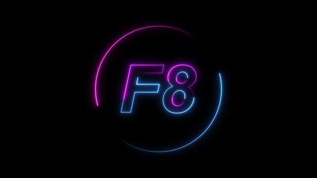 Glowing Neon F8 Symbol Inside a Circular Frame on a animated Black Background letter