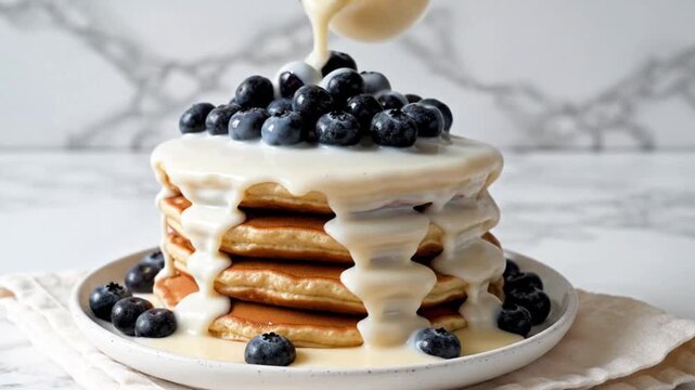 A delectable stack of golden-brown pancakes is generously topped with an abundance of fresh, plump blueberries, creating an inviting visual feast. A luscious, creamy white sauce is artfully poured fro