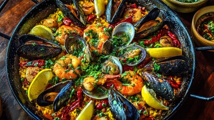 Fototapeta premium Delicious seafood paella dish with mussels clams shrimp and lemon