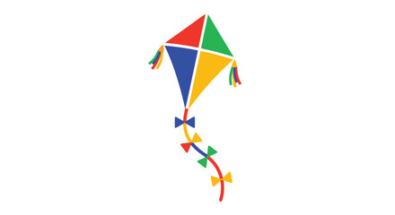Colorful diamond kite with a long flowing tail against a white background