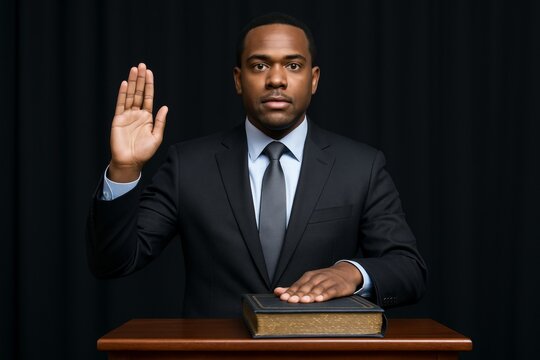 Man in formal suit taking an oath with hand raised and other on a book at podium, symbolizing honesty and responsibility in serious setting. Ai generative