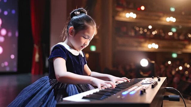 Young girl performs piano on stage in a concert hall.