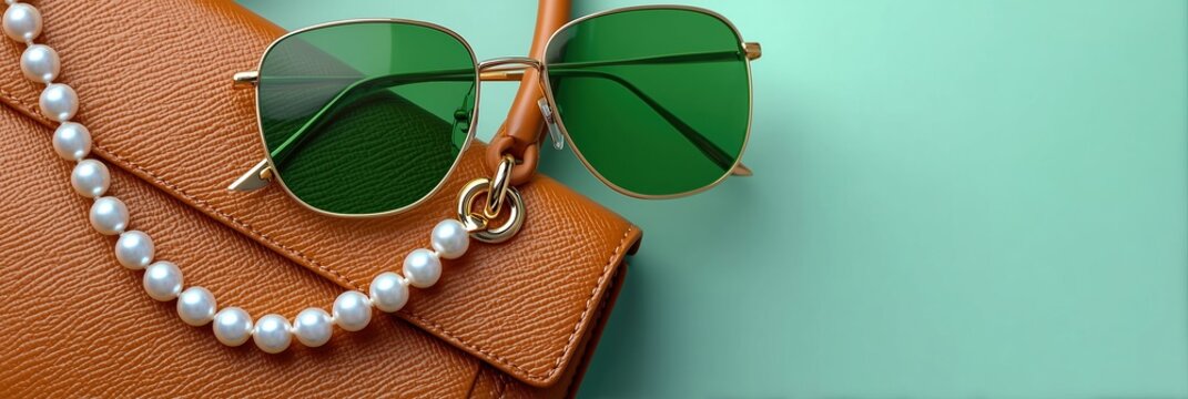 Luxury Fashion Accessories Brown Leather Handbag, Green Sunglasses, and Pearl Necklace on Mint Background