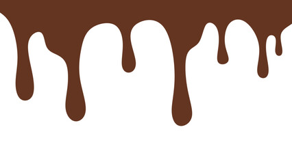 Melted chocolate or syrup drips isolated on a white background. Flowing liquid chocolate border element. A sweet brown syrup or sauce that melts and drips.