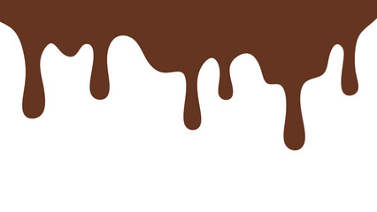 Melted chocolate or syrup drips isolated on a white background. Flowing liquid chocolate border element. A sweet brown syrup or sauce that melts and drips.