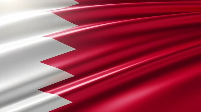 Close-up of the national flag of Bahrain waving in the wind, showcasing its distinctive red and white design with five triangles.