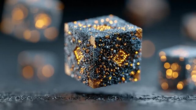 Abstract Cubes: A mesmerizing display of abstract cubes floats, each one a unique fusion of textures and embedded with points of light. A futuristic display of beauty and complexity.