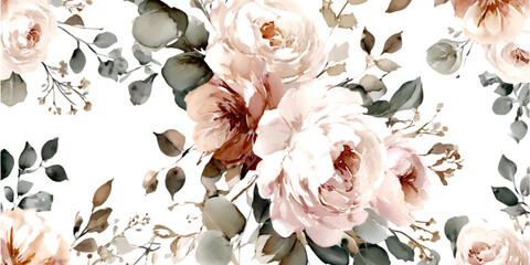 Watercolor roses and eucalyptus leaves form a seamless vintage botanical pattern with soft pink and beige blooms and muted green foliage on a clean white background © Narin