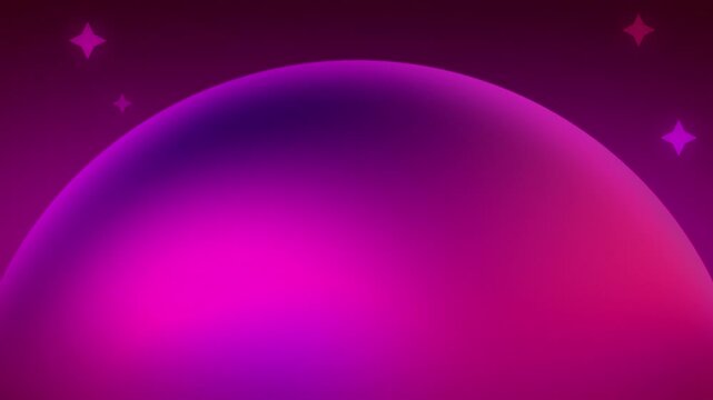 A glowing neon planet rises in a continious loop over a violet horizon, its curved surface bathed in pink light as distant stars shimmer across a deep cosmic sky