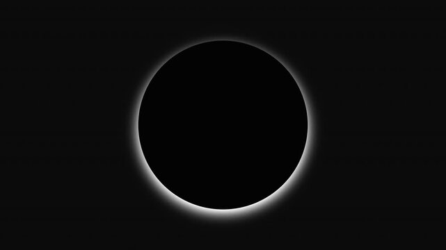 A dark orb eclipses the frame, edged by a soft white corona that pulses with quiet intensity. The animation feels like a solar eclipse in slow motion graphics, suspended in silence