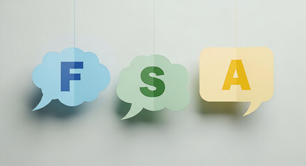 Three speech bubbles with letters F, S, A hanging on strings, representing communication