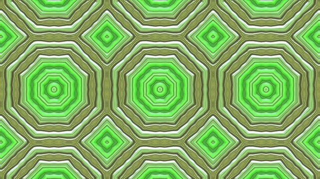 A kaleidoscopic animation loop unfolds in radiant greens and yellows, forming star-like mandalas and crosses that pulse in seamless symmetry, creating a hypnotic flow of shifting geometric patterns