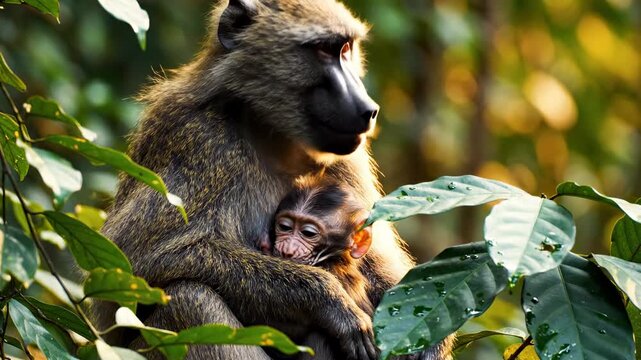 Monkey and baby monkey sitting in a tree in the forest.