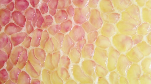 Pomelo pulp texture, thick and dry juice sacs separated, pale yellow/pink gradient, abstract food pattern