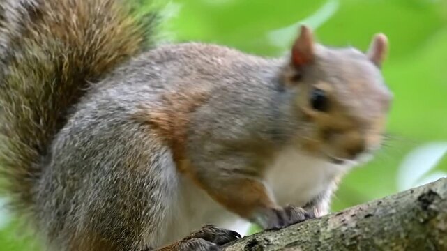 Close-up of a gray squirrel perched on a tree branch, with focus on the head and eye
