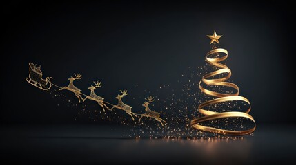 Obraz premium Golden Christmas Tree with Sparkling Ribbon and Reindeer Silhouette on Dark Background