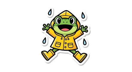 Obraz premium Happy Frog in Raincoat Jumping in Rain