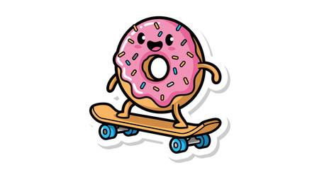 Cute Donut Riding a Skateboard, Kawaii Style, Cartoon Character © Free vector