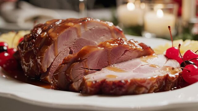 Delicious Glazed Ham with Cherries and Pineapple Slices.