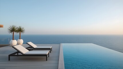 Modern luxury infinity pool with lounge chairs at sunset ocean view minimalist outdoor relaxation resort design