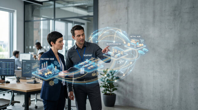 Two professionals in a modern office interact with an augmented reality supply chain diagram showing factories, warehouses, and shipping hubs.